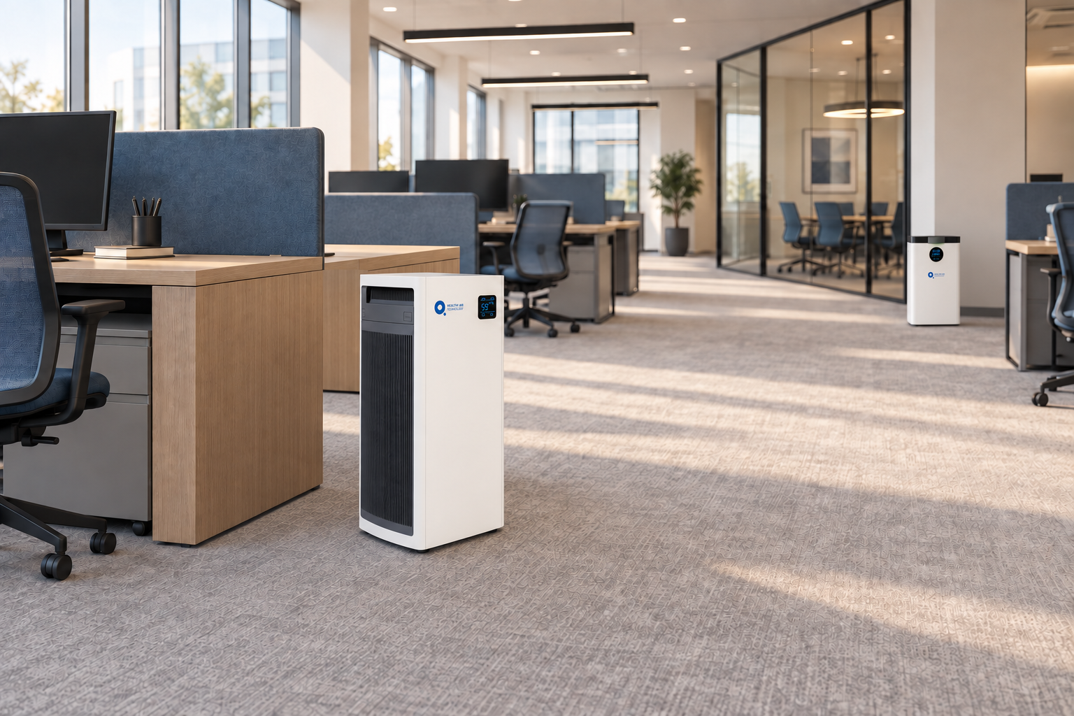 How can air purification improve air quality in offices and co-working spaces?